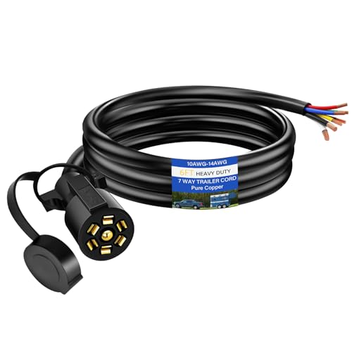 Image of 6 FT Heavy Duty 7 Way Trailer Cord Pure Copper 7 Way Trailer Plug Inline Cord 72 inch 7 Pin Trailer Wiring Harness Double Blade Molded 7 Pin Round Plug for Rvs Camper