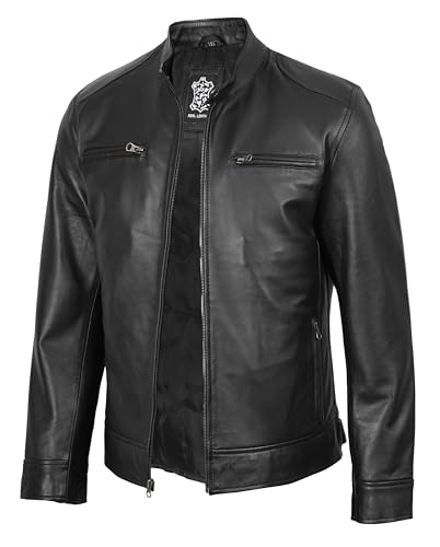 Image of fjackets Mens Leather Jacket - Real Lambskin Cafe Racer Jacket Stand Collar Moto Biker Zip Jacket For Men