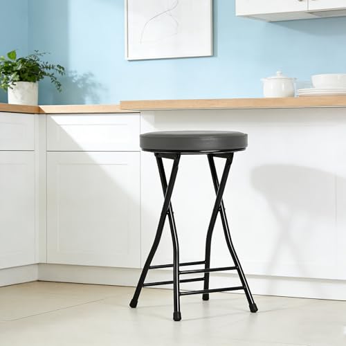 Image of Folding Bar Stool,24 Inch Tall Foldable Stool Chair,Counter Height Cushioned Leather Padded Portable Stools,Heavy Duty Collapsible Stools for Kitchen Island Garden Camping Grey