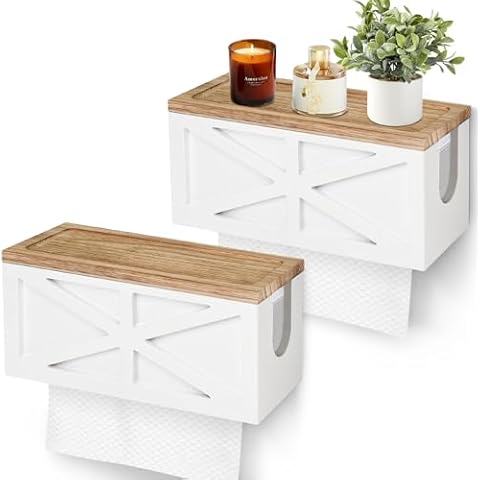 Set of 2 Paper Towel Dispenser Wall Mount, Paper Towel Holder Wall Mounted with Lid, Solid Wood Commercial C-Fold, Z-Fold, Trifold Hand Paper Towel Holder Hand Towel Holder for Bathroom Decor(White) Cover