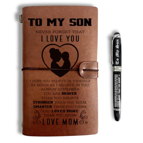 To My Son Leather Journal, Engraved Gift Pen, Roller Ballpen, Ballpoint Pen, Leather Notebook and Pen Gift for Son, 160 Pages Notebook, Graduation Back to School Fathers Day Birthday Christmas Gift-D7