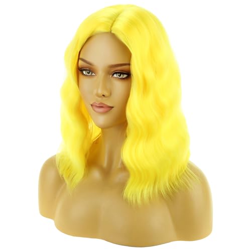 Image of BERON Yellow Wigs for Womens Short Curly Wavy Wig Girls Yellow Colored Side Part Wigs Shoulder Length Heat Resistant Synthetic Cosplay Party or Daily Use Wig