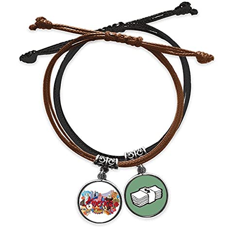 Pulsera de cuero trenzada a mano estilo graffiti urbano con amuletos de dinero y libertad