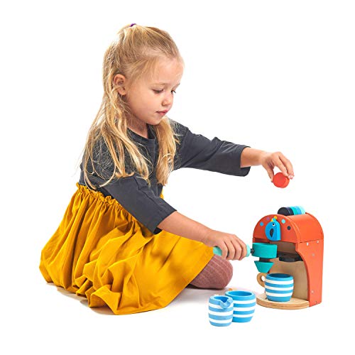 Wooden Toy Espresso Machine - Pretend Food Play Toy Coffee Machine with Capsules, Cups and Milk Jug - Encourages Imaginative Play, Roleplay and Communication Skills - 3 Years +
