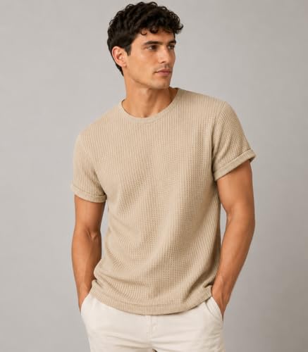 Image of London Hills Men's Waffle Textured T-Shirt | Solid Regular Fit Round Neck Half Sleeve Casual Wear Tee | Soft, Breathable & Lightweight Fabric