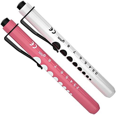Diagnostic Penlight, RISEMART 2PCS Pen Torch Light Reusable LED Medical Penlight with Pupil Gauge for Nurses Doctors with Pocket Clip (Pink and White)
