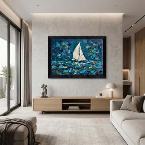 Framed Canvas Wall Art Abstract Sailboat Deep Teal Navy White Textured Impasto Canvas Print Poster Black Frame Wall Decor for Living Room Bedroom Nautical Art, Coastal Decor - Inch 12x16 - Image 7