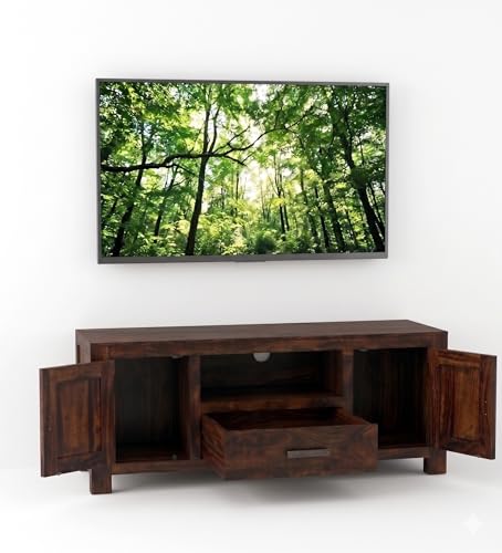 Image of Sheesham Wood Entertainment TV Unit Cabinet with Drawer and Shelf Storage for Home Living Room Solid Wooden Furniture for Hall & Office Decor - (Walnut Finish)