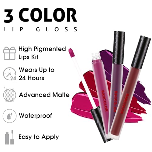Badcolor 3 Colors Matte Liquid Lipstick Set, Purple Burgundy Rose Red Halloween Makeup, High Impact Long Lasting Lip Stain Velvet Nonstick Cup Smudge Proof & Waterproof Lip Gloss Set thumb #1