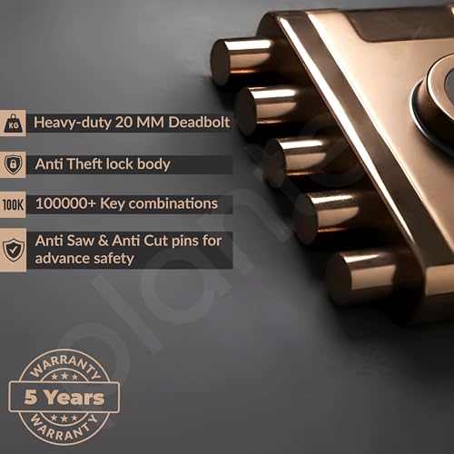 Image of Plantex Stainless Steel Deadbolt Lock /Pentabolt Main Door Lock /5-Point Security Door Lock Set with Anti Theft Mechanism - 5 Years of Warranty (PVD Rose Gold)