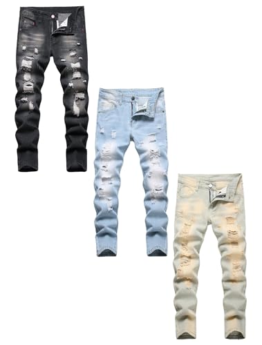 Anbreuinron Boy's Ripped Jeans Stacked Skinny Fit Destroyed Distressed Fashion Comfy Black/Blue/Retro 3-Pack Denim Jeans Pants,10