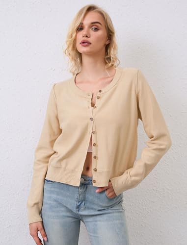 Image of Women's Button Down Crew Neck Cardigan Soft Classic Long Sleeve Knitted Sweater Casual Solid Knit Tops 2024 Trendy Fashion Fall Outfits Clothes - Apricot M