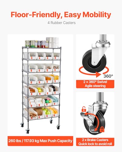 Image of VEVOR 7-Tier Rolling Bin Storage Rack, 24 Small Bins, Bin Rack Storage Steel Wire Shelving System with Wheels, Mobile Tool Organizer for Garage, Warehouse, Office, Restaurant, Classroom, Kitchen
