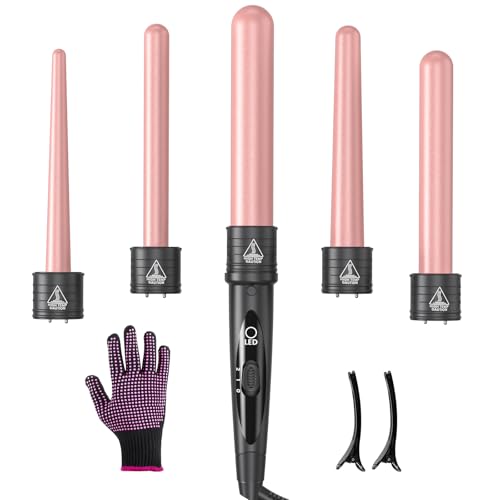 5 in 1 Curling Iron Wand Set, Hair Curling Iron Interchangeable Ceramic Barrels (0.35 to 1.25 Inch), Barrel Heat Protective Glove 2 Clips, Dual Voltage Hair Curler for Girls, Women Gift - Rose Gold