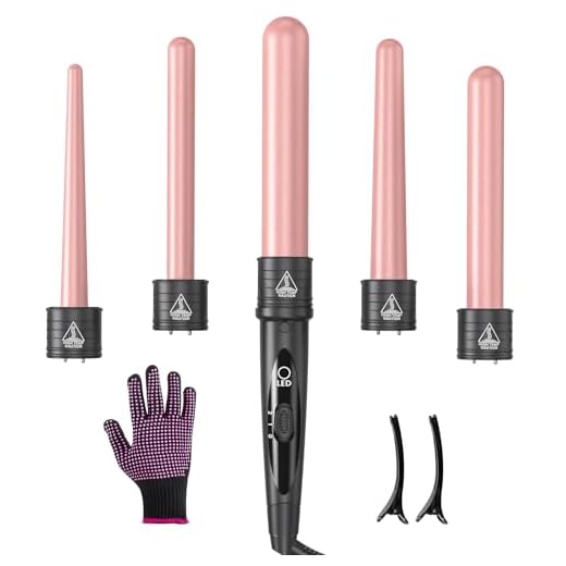 5 in 1 Curling Iron Wand Set, Hair Curling Iron Interchangeable Ceramic Barrels (0.35 to 1.25 Inch), Barrel Heat Protective Glove 2 Clips, Dual Voltage Hair Curler for Girls, Women Gift - Rose Gold
