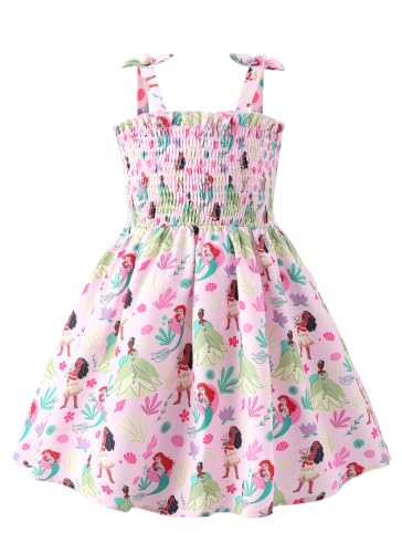 Image of Disney Princess Frozen Elsa Minnie Stitch Toddler Girl Dress Bow Tie Straps Smocked Summer Outfit Birthday Party Clothes 2-9Y