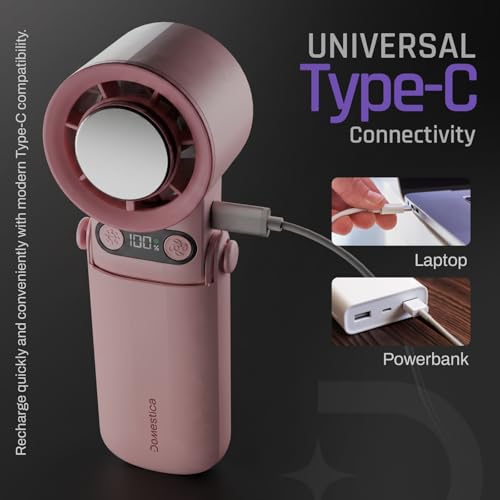 Image of DOMESTICA Flo Hand Fan Rechargeable | 20000 RPM with IcyTouch | 4,000 mAh Battery- Upto 12H | 3-in-1 Hand, Neck & Desk Fan | Portable,180 Foldable Design | For Travel, Office, Makeup | Blush Pink