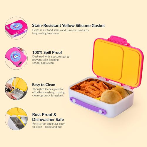 Image of rabitat Munchbee Pro Personalized Stainless Steel Kids Lunch Box 850ml- Food-Grade Steel Bento Tiffin | 2-Year Brand Warranty | Spill-Proof Flick-Lock | 3 Compartments, BPA-Free, School-Safe | Diva