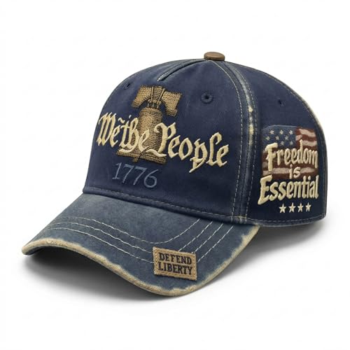 We the People 1776 Vintage Patriotic Baseball Cap Embroidered Liberty Bell & American Flag Hat Distressed Cotton Freedom is Essential Dad Hat Gift for Men Veterans