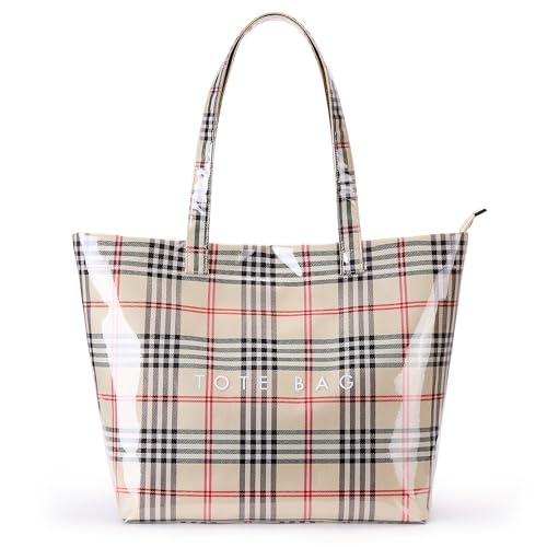 Image of KALIDI PVC Zipper Tote Bag, Jelly Kraft Paper Beach Bag Large Hobo Carry All Travel Shopping Handbag Plastic Shoulder Bag