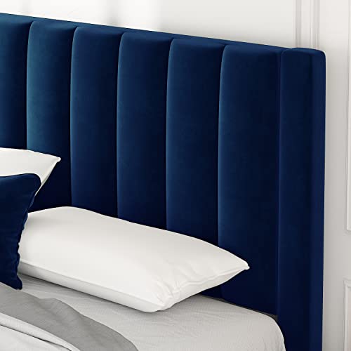 Hoomic Queen Size Platform Bed Frame With Velvet Upholstered Plush Vertical Channel Headboard, No Box Spring Needed, Easy Assembly,Navy Blue #TOP7