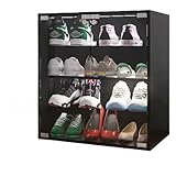 Yilezena Modern 4-Tier Entryway Shoe Cabinet with LED Lights & Glass Doors – Adjustable Shelves, Bluetooth Control, Black Enclosed Shoe Storage for Sneakers, Closet, or Hallway