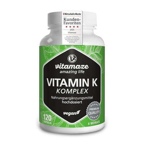 Vitamin K Komplex hochdosiert & vegan, K1 1.000 mcg + K2 Menaquinon (1.000 mcg MK4 + 200 mcg MK7), 120 Kapseln für 4 Monate, beste Bioverfügbarkeit, Made in Germany