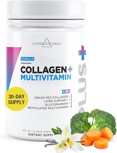 Livingood Daily Collagen Powder for Women and Men, Vanilla, Grass Fed Protein, Hydrolyzed Collagen Peptides with Vitamin C & Multi Vitamins for Hair, Skin, Nail & Gut Health, Gluten Free, 30 Servings