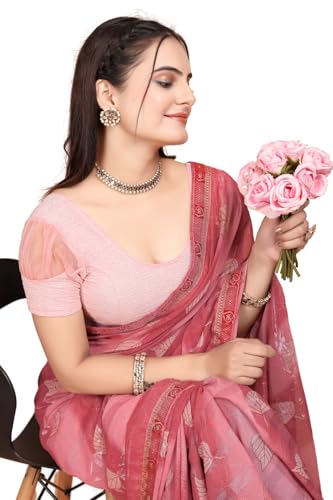 Image of SFT Women's Organza Patch Readymade Saree Blouse with Round Neck Half Sleeves Abstract Pattern Pull On Closure Regular Fit and Standard Length