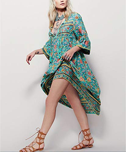 R.Vivimos Women's Long Sleeve Floral Print Retro V Neck Tassel Bohemian Midi Dresses (Small, Green)