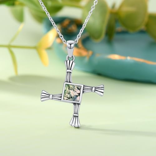 St Brigid’s Cross Necklace 925 Sterling Silver Brigid Cross Moss Agate/Abalone Pendant Christian Protection Irish Jewelry Gifts for Men Women2