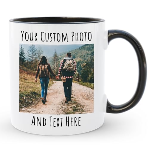 Giftbees Personalized Coffee Mug, Custom Picture Text or Logo Ceramic Mug, Customized Gift for Men & Women, Taza Personalizada with Photo and Words, Customizable 11 Oz Tea Cup | White - Black