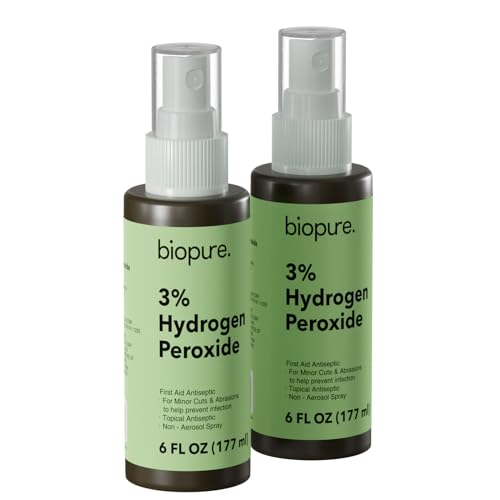 Biopure Hydrogen Peroxide 6 Fl Oz Spray Convenient Non-Aerosol Spray Bottle with 3% Hydrogen Peroxide| Hydrogen Peroxide 3% First Aid Topical Antiseptic for Minor Cuts and Abrasions (2-Pack)