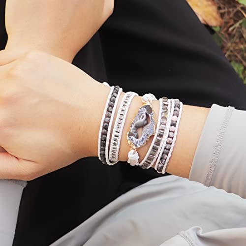 Ygline Handmade Wrap Bracelet Turquoise, Jasper & Amazonite Natural Stones Leather Charm 5 Strands Boho Bracelet (Agate) #TOP4