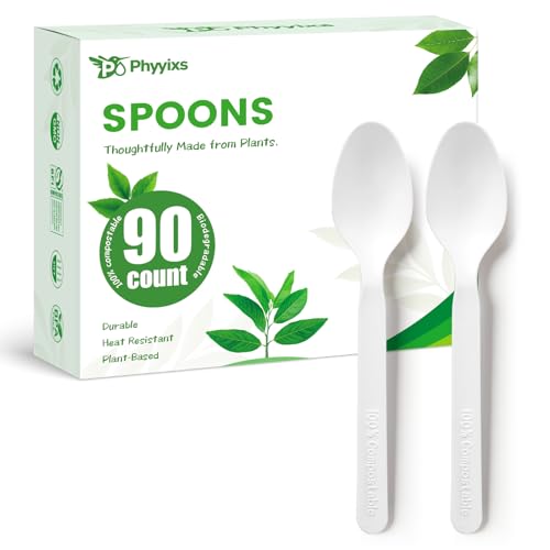 Phyyixs 90 Count Disposable Compostable Spoons BPA-Free Plant-Based CPLA Plastic Alternative for Parties & Everyday Use
