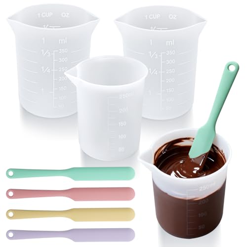 Palksky Silicone Chocolate Melting Cup Set with 4 Silicone Measuring Cups (250ml & 350ml) and 4PCS Heat-Resistant Jar Spatulas Non-Stick Baking Tools for DIY Chocolate Butter & Cream Mixing