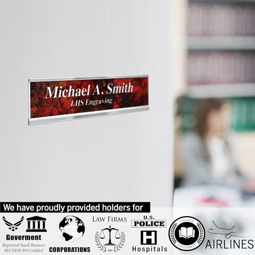 engraved name plates for desk and door signs personalized brushed brass plastic nameplate with black letters - made in usa 2x8 m6