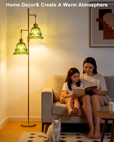 Image of Lightdot 65IN Gold Flower Floor Lamp for Living Room, 2- Light Dimmable Floor Lamps with Green Glass Lampshade, 3000K Warm White Modern Standing Tall Lamp with 5Lbs Heavy Base for Bedroom Sofa Beside
