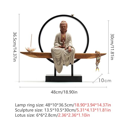 Statua buddista con bruciatore di incenso e lampada circolare a LED, decorazione da parete zen da parete, opera d'arte da appendere per soggiorno e illuminazione del portico