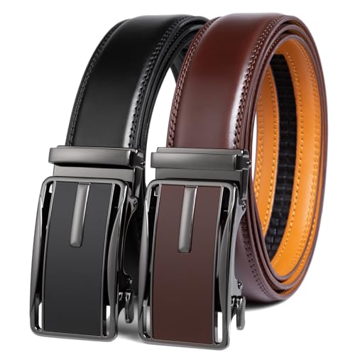 Image of 2 Pack Ratchet Belt 1 3 /8 inch, Mens leather Dress Belt in Gift Set Size 28 inch-62 inch Adjustable waist Trim to Fit