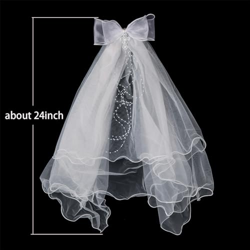 Merroyal Girls Communion Bow and Dangle Cross Charm with 24 Inch Veil on Hair Comb,with White Floral Crown4