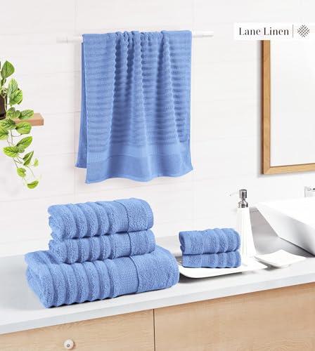 Image of LANE LINEN 100% Cotton Bath Towel - 6 Piece Set - Hotel Grade Luxury Zero Twist Cotton - 2 Bath, 2 Washcloths, 2 Hand Towels for Bathroom - Super Soft, Quick Dry & Highly Absorbent - Cerulean Blue