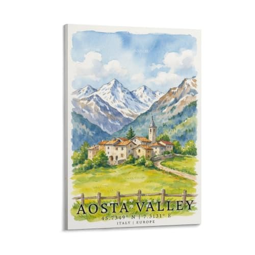 Poster de voyage vallée d'Aoste AOJYLXE | Impression aquarelle grand paysage 50x75 cm pour bureau