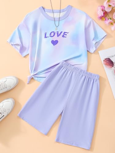 Image of NEW 8-12 Years Girls Summer Outfits 2 Piece Set Trendy Print Top & Stretchy Shorts Casual Playwear