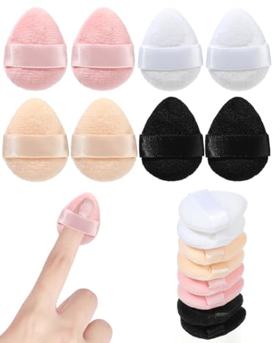 8 PCS Mini Powder Puff, Velour Finger Setting Powder Puffs for Face, Small Drop-Shaped Makeup Sponge (Black+White+Nude+Pink)