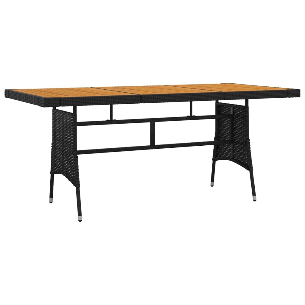 Juego de comedor de jardín con marco de acero y tablero de madera de acacia, juego de comedor para exteriores de ratán sintético con sillas ergonómicas de jardín en color negro