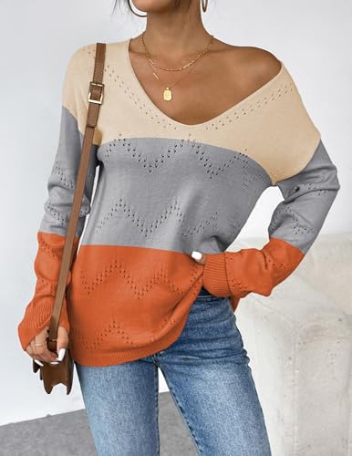 Image of Zeagoo Womens Sweaters Fall Trendy Casual Long Sleeve Shirt Lightweight V Neck Off Shoulder Crochet Pullover Top Outfit