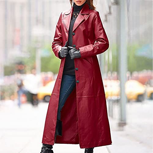 tuduoms Long Faux Leather Trench Coat for Women Button Down Ankle Length Maxi PU Jackets 2022 Ladies Lapel Coat Outwear2