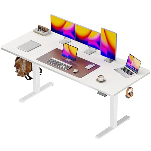 Image of Huuger 63 x 28 Large Electric Standing Desk, Height Adjustable Computer Desk, 27.6 inch Deep Desktop, Stand up Gaming Office Table with 2 Hooks, 3 Preset Heights, for Home Office, White