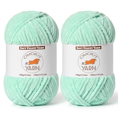 2 Pack Mint Green Fluffy Velvet Yarn for Crocheting,Chunky Chenille